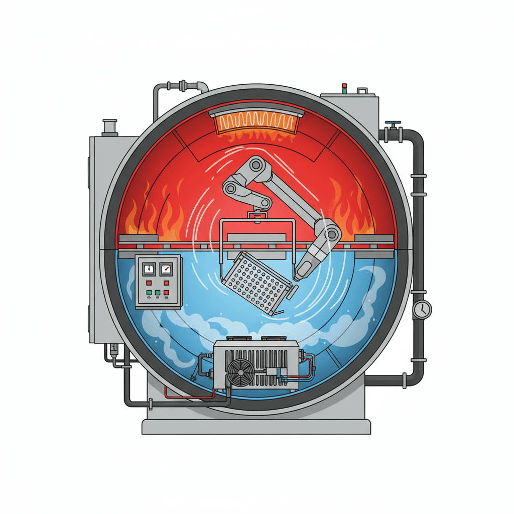Cutaway view of a two-zone thermal shock chamber showing hot and cold compartments